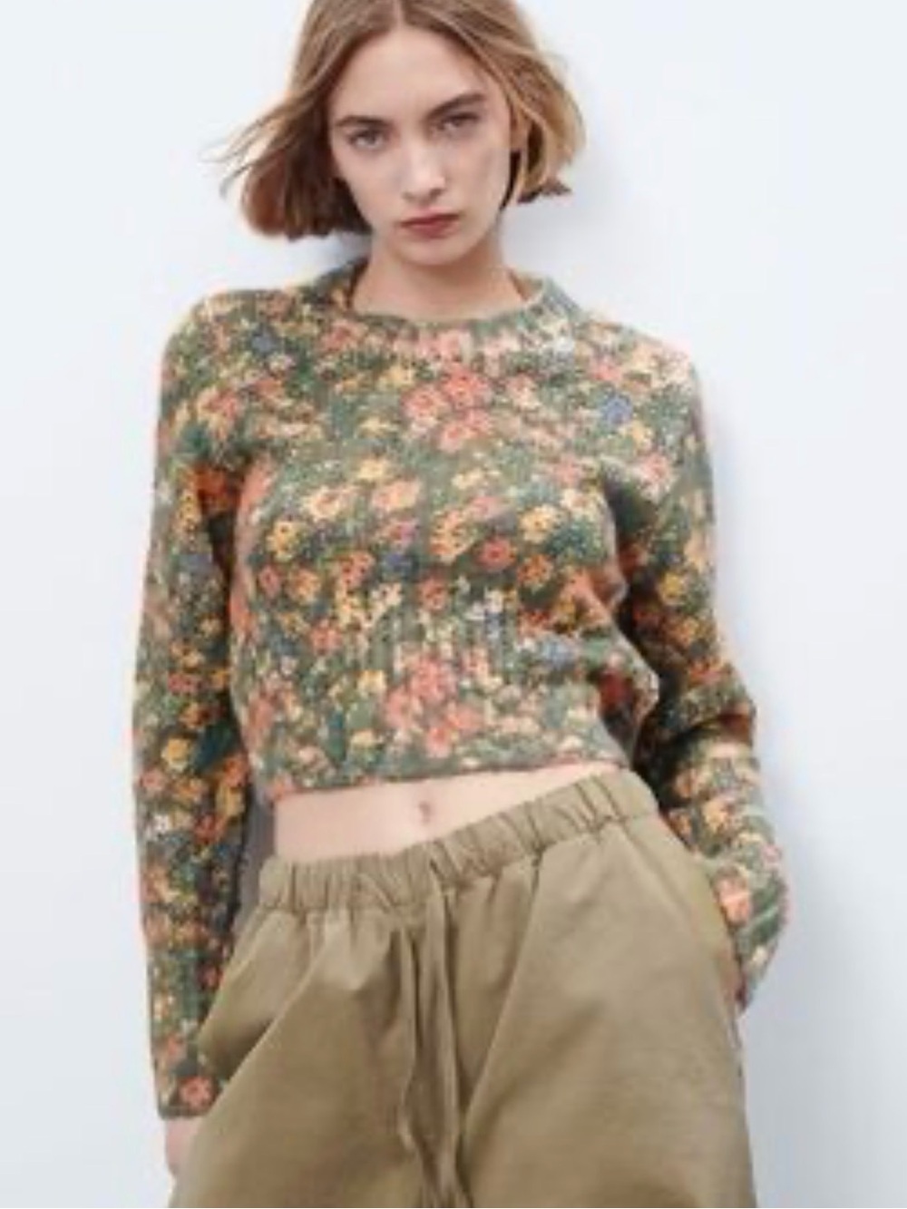Zara floral wool blend knit cropped sweater crew neck size small